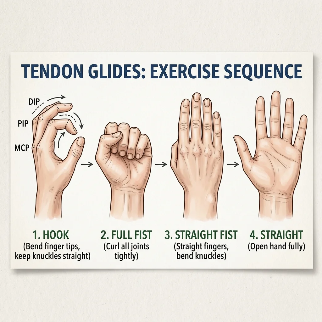 Fáze cviku Tendon Glides pro šlachy v dlani